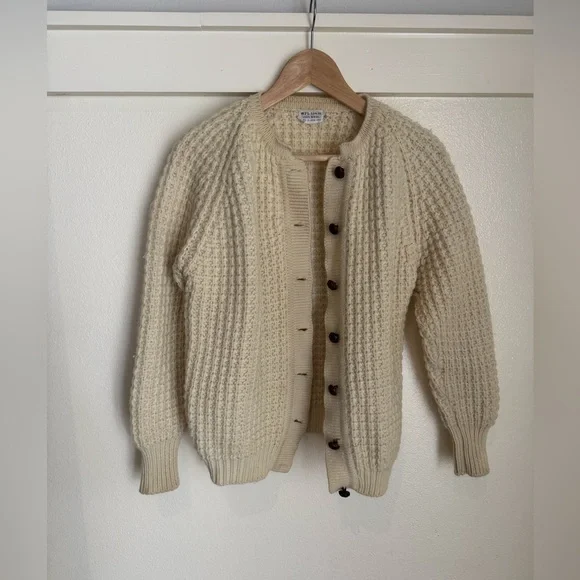 Vintage 100% Wool Chunky Knit Cardigan Cream Fisherman Sweater WPL 13436 Size 40 - Picture 6 of 14